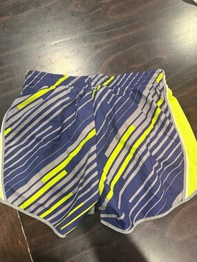 Nike Navy and Neon Yellow Striped Athletic Shorts
